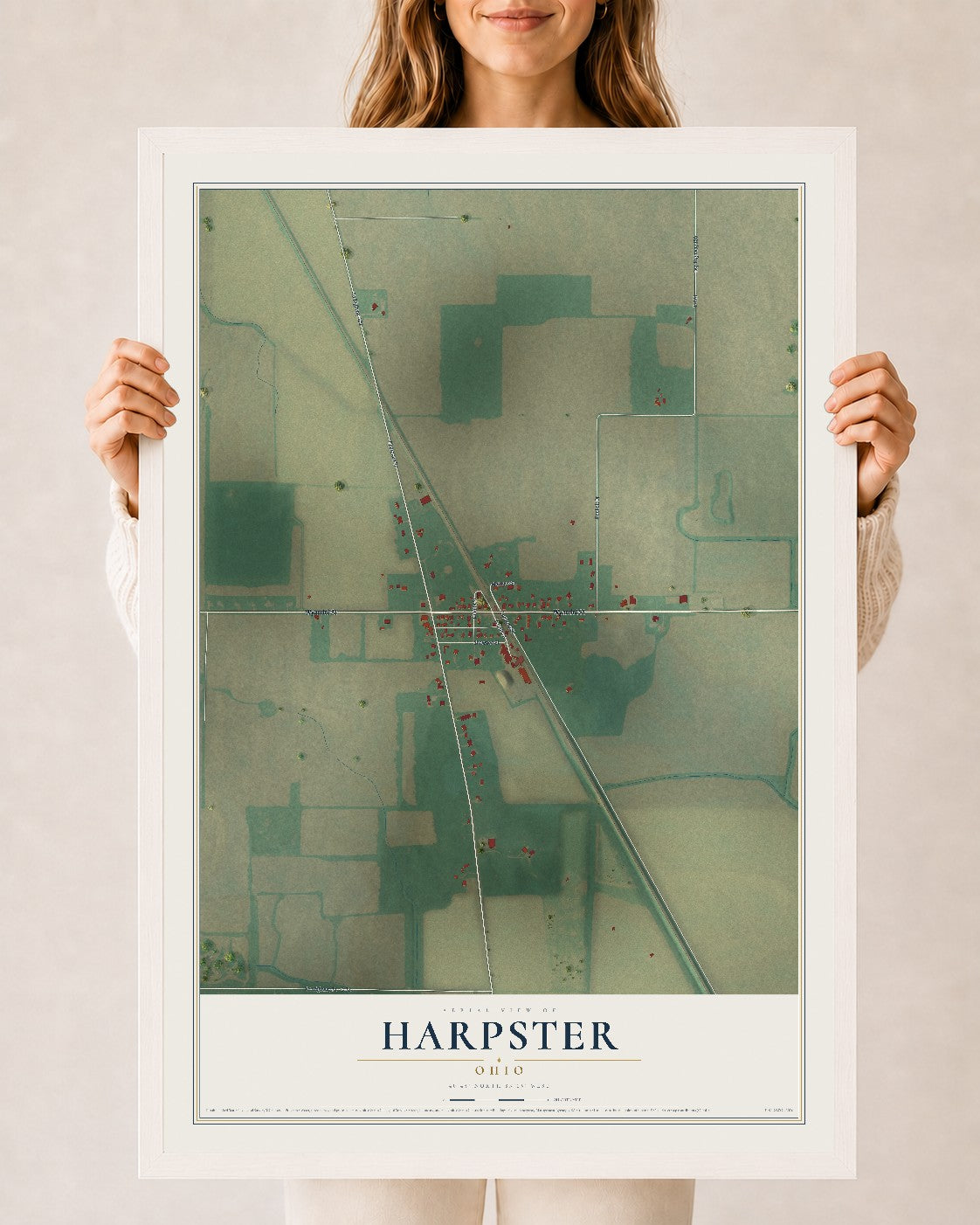 Map of Harpster, Ohio, 24 x 36 inch print in a white wood frame