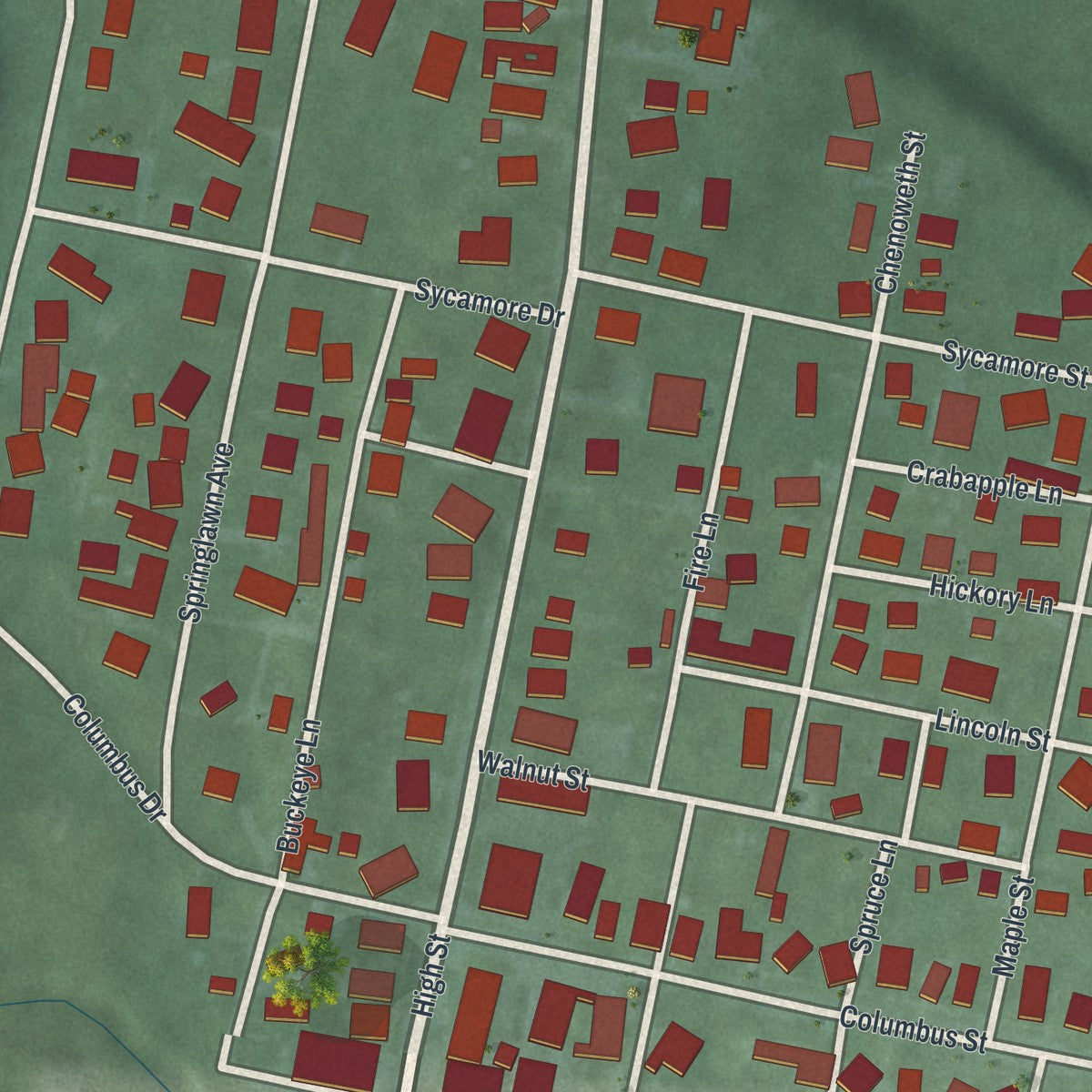 Close-up of the map of Harrisburg, Ohio print showing street and building detail