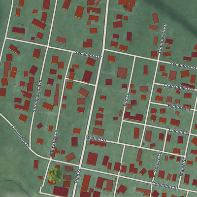 Close-up of the map of Harrisburg, Ohio print showing street and building detail