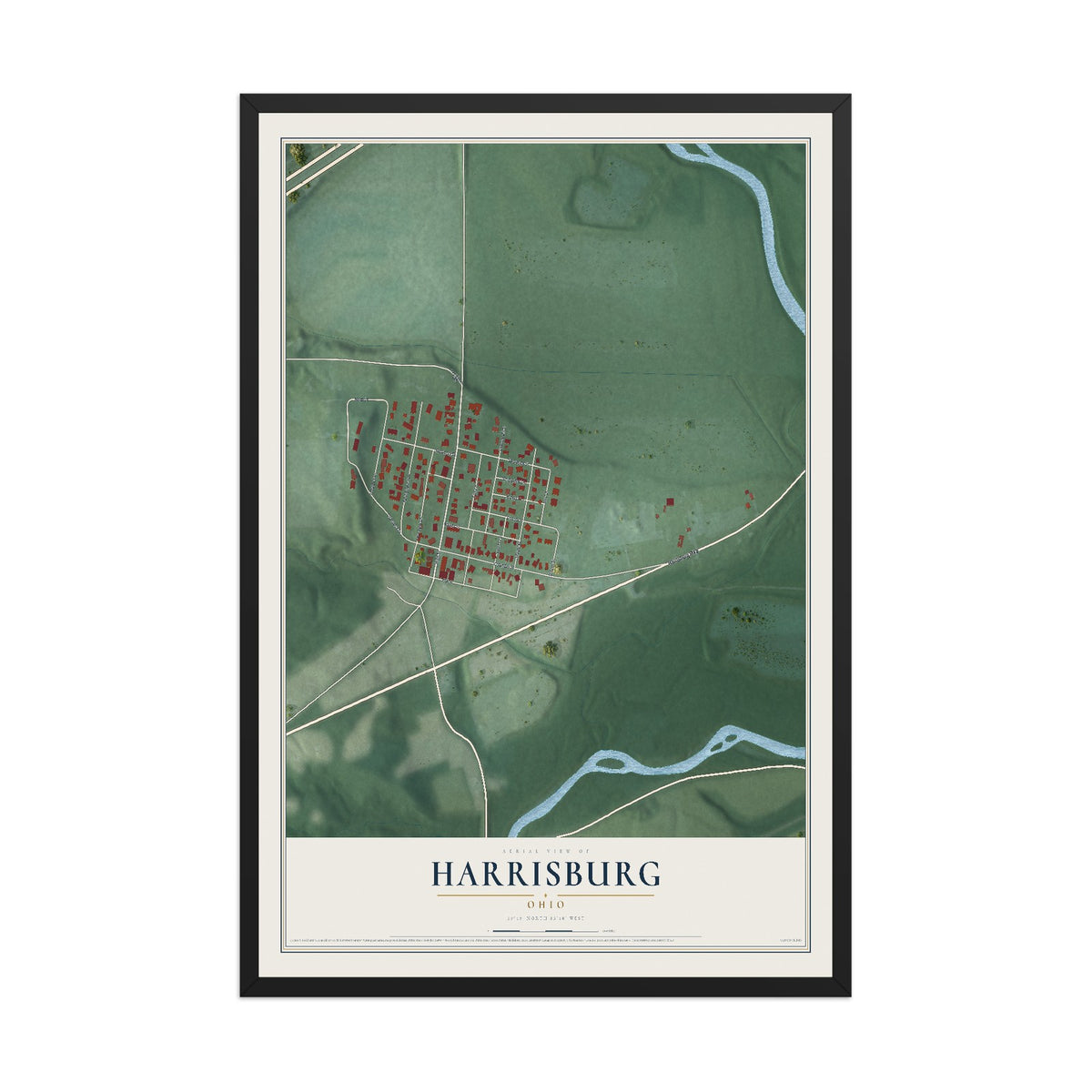 Map of Harrisburg, Ohio, 12 x 18 inch print in a black wood frame