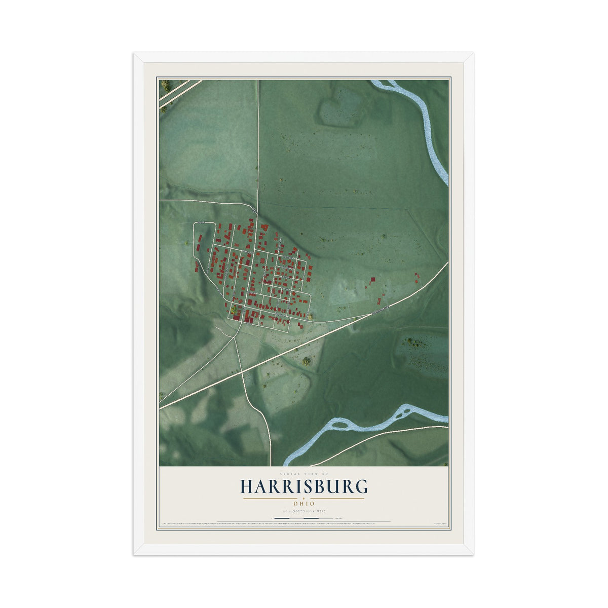 Map of Harrisburg, Ohio, 12 x 18 inch print in a white wood frame