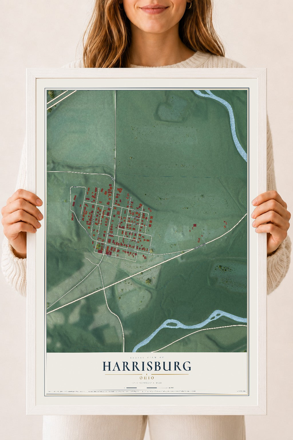 Map of Harrisburg, Ohio, 18 x 24 inch print in a white wood frame
