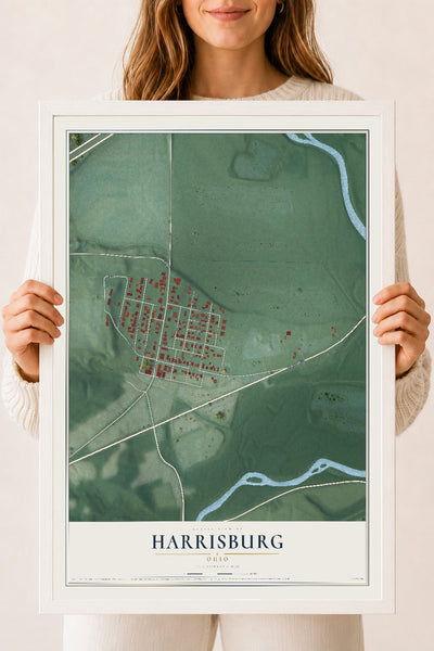 Map of Harrisburg, Ohio, 18 x 24 inch print in a white wood frame