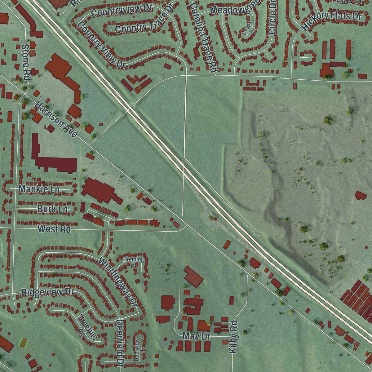 Close-up of the map of Harrison, Ohio print showing street and building detail