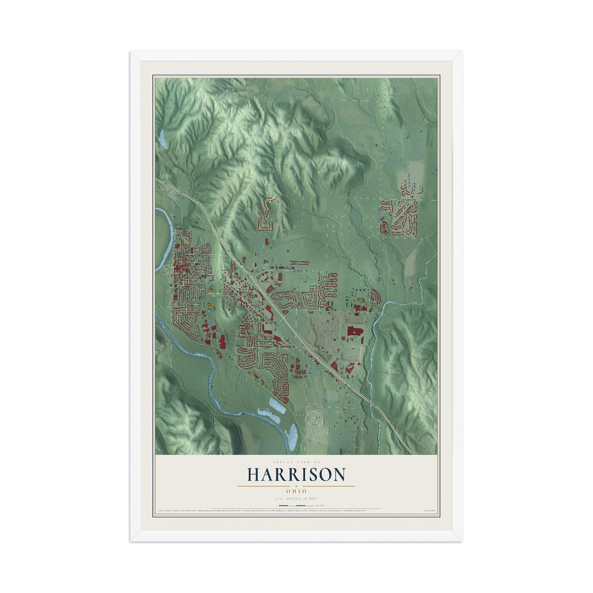 Map of Harrison, Ohio, 12 x 18 inch print in a white wood frame
