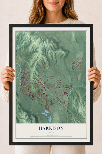 Map of Harrison, Ohio, 18 x 24 inch print in a black wood frame