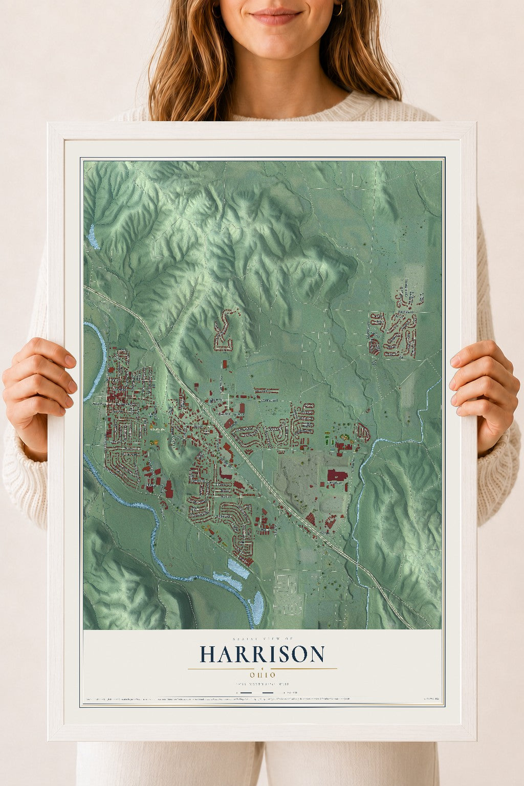 Map of Harrison, Ohio, 18 x 24 inch print in a white wood frame