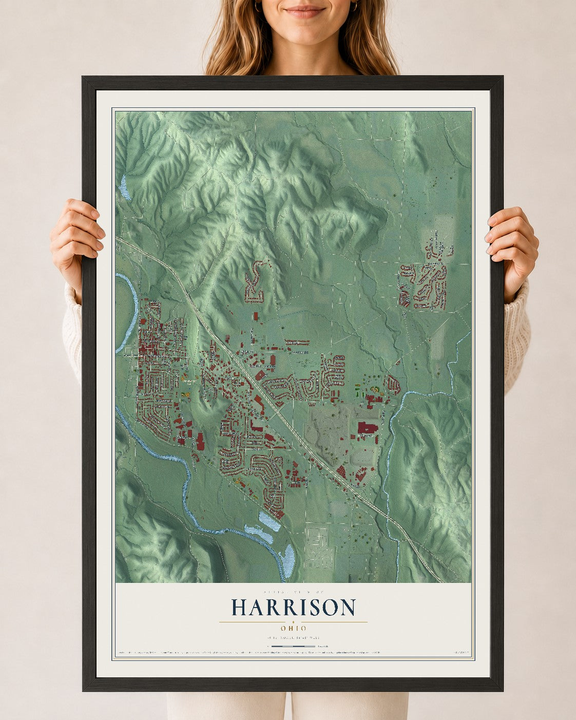 Map of Harrison, Ohio, 24 x 36 inch print in a black wood frame
