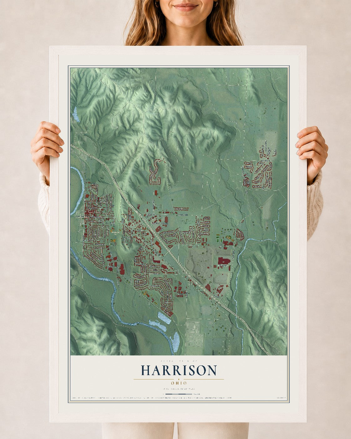 Map of Harrison, Ohio, 24 x 36 inch print in a white wood frame