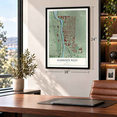 Harrison West, Ohio map, 18 x 24 inch print in a black frame in a home office
