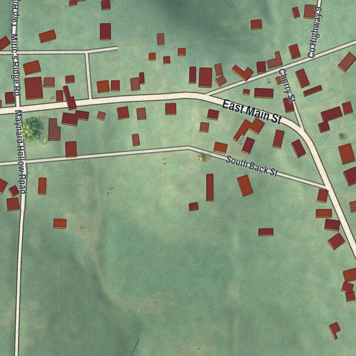 Close-up of the map of Harrisville, Ohio print showing street and building detail