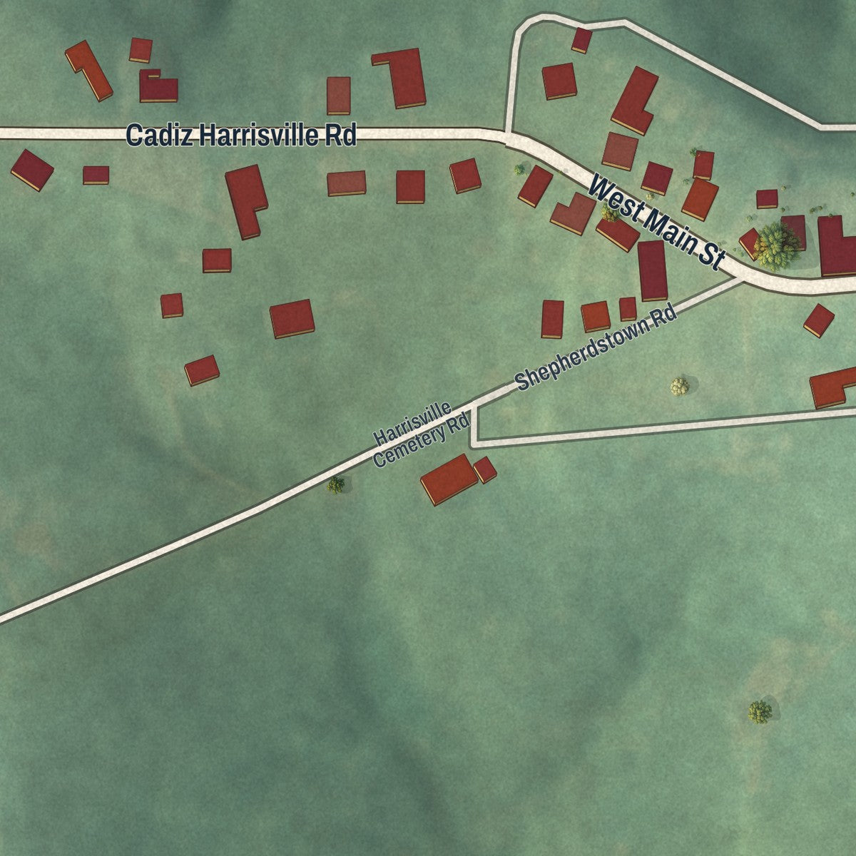 Second close-up of the map of Harrisville, Ohio print showing more streets and buildings