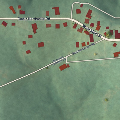Second close-up of the map of Harrisville, Ohio print showing more streets and buildings
