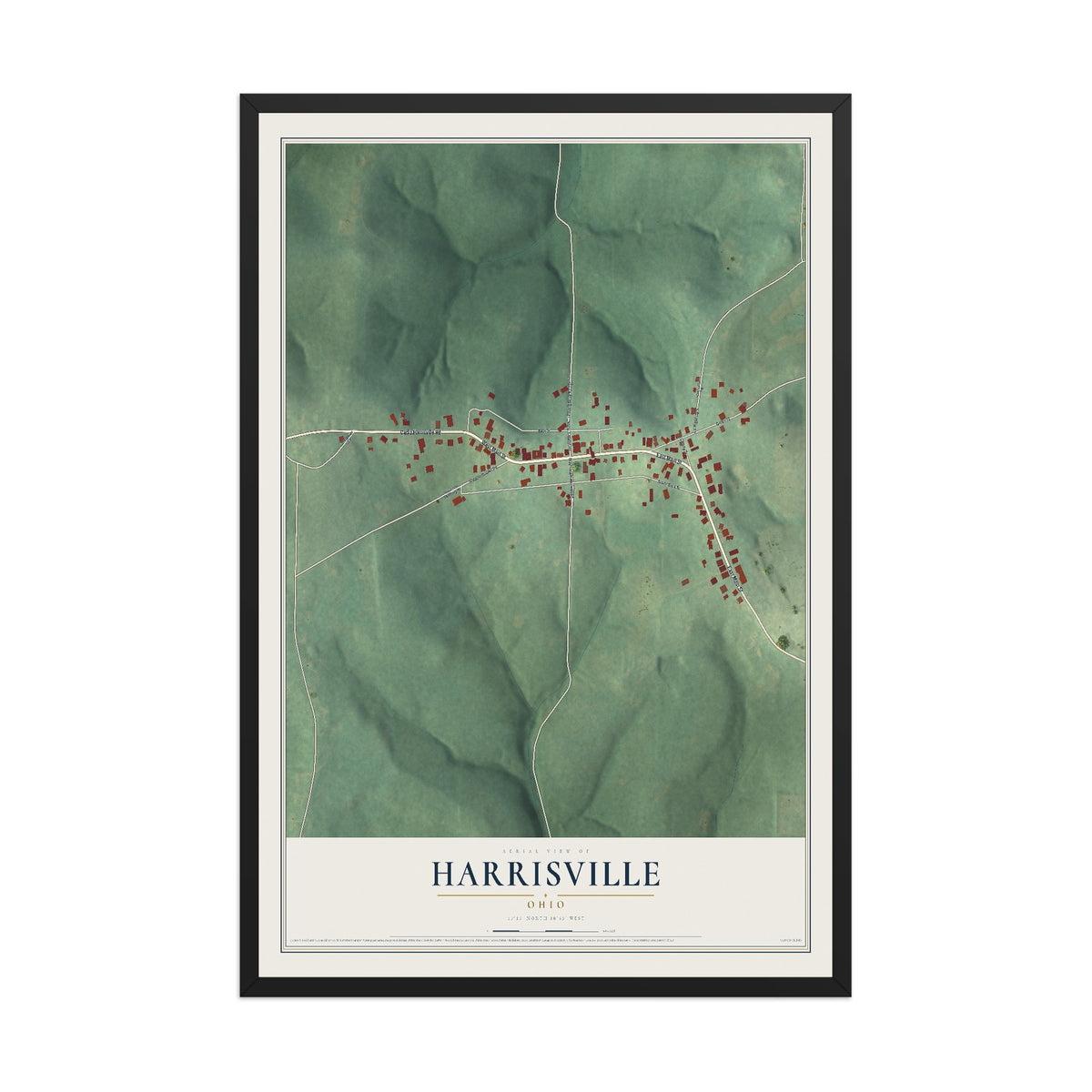 Map of Harrisville, Ohio, 12 x 18 inch print in a black wood frame