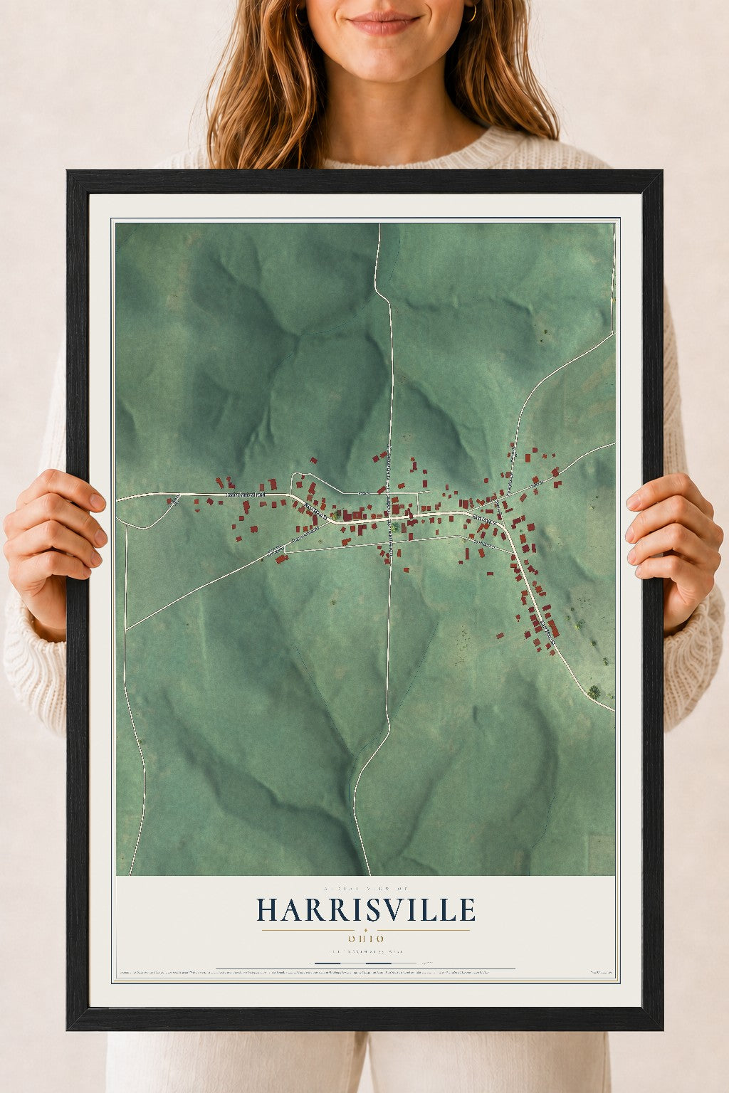 Map of Harrisville, Ohio, 18 x 24 inch print in a black wood frame