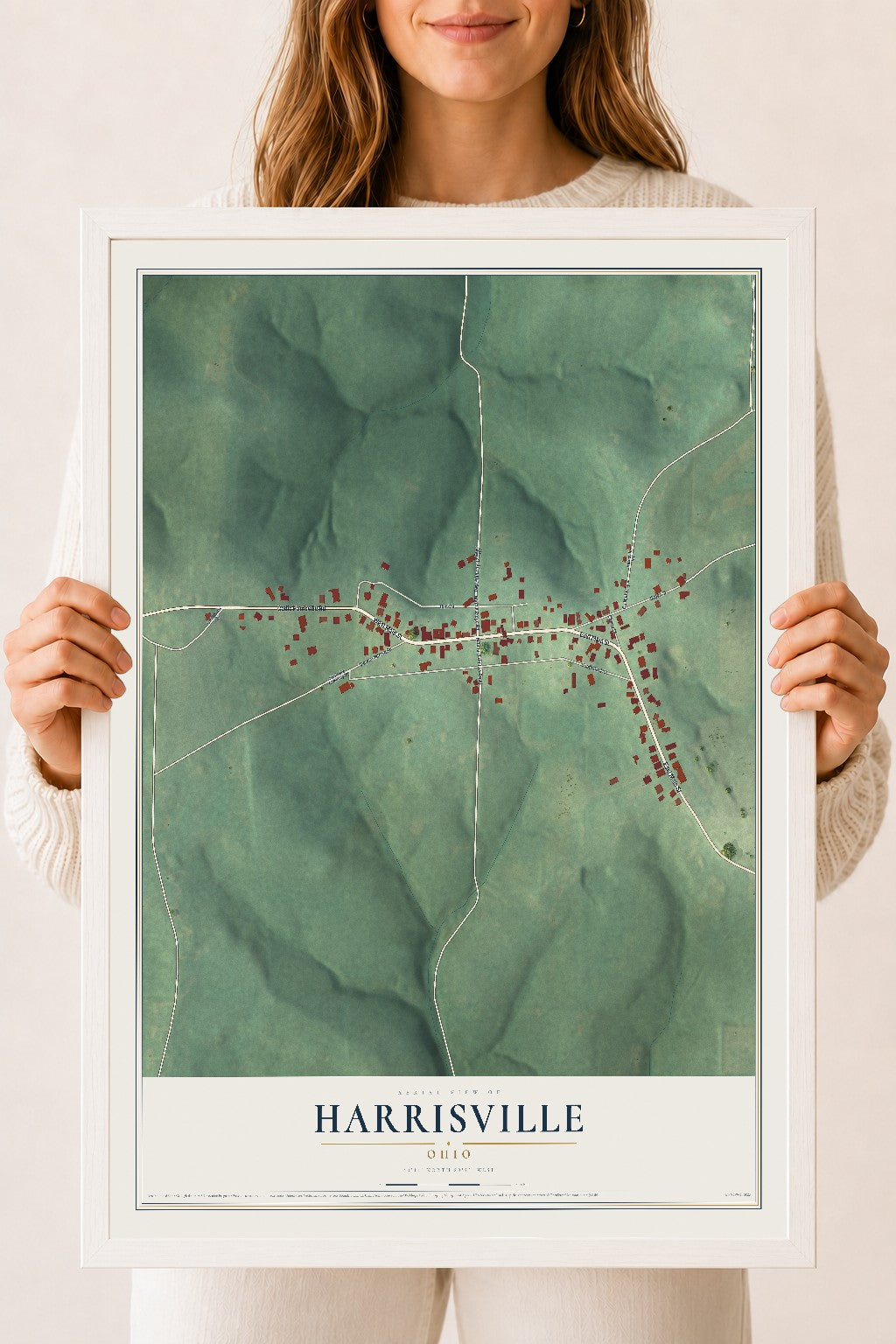 Map of Harrisville, Ohio, 18 x 24 inch print in a white wood frame