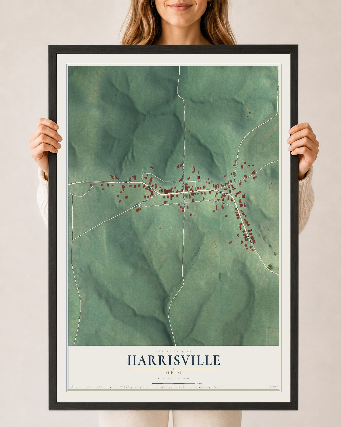 Map of Harrisville, Ohio, 24 x 36 inch print in a black wood frame