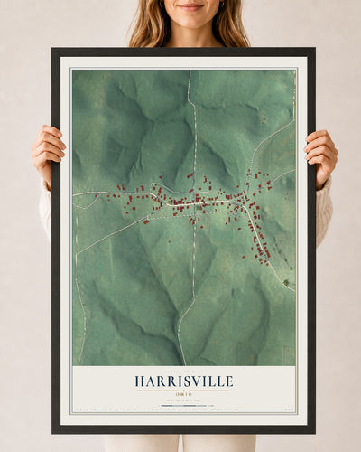Map of Harrisville, Ohio, 24 x 36 inch print in a black wood frame