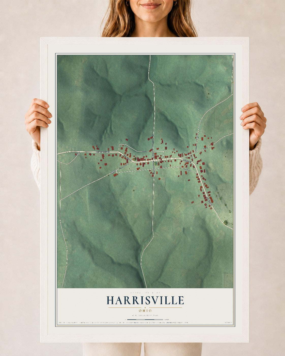 Map of Harrisville, Ohio, 24 x 36 inch print in a white wood frame