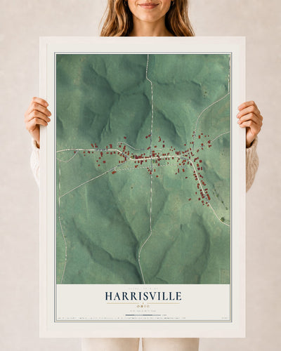 Map of Harrisville, Ohio, 24 x 36 inch print in a white wood frame