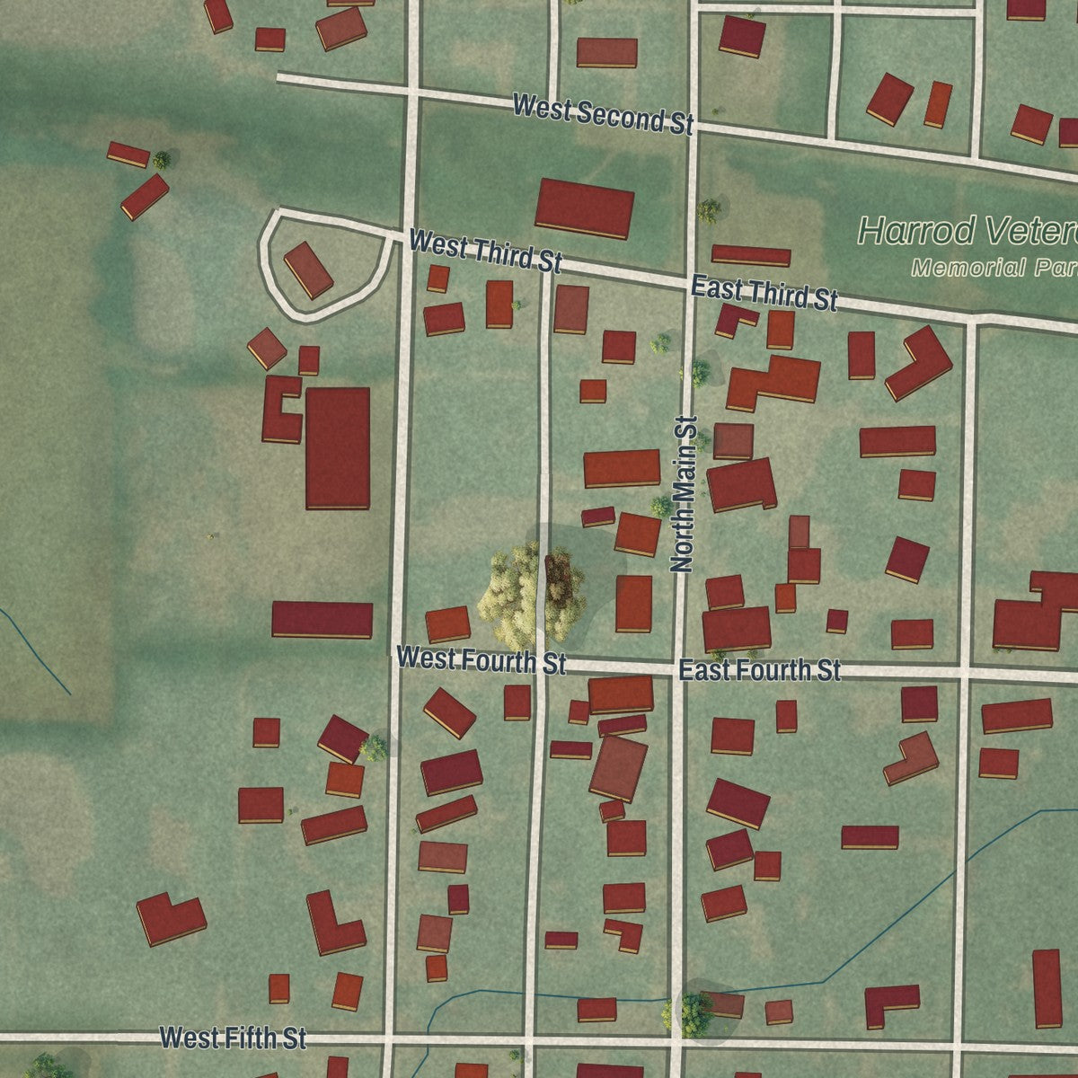 Close-up of the map of Harrod, Ohio print showing street and building detail