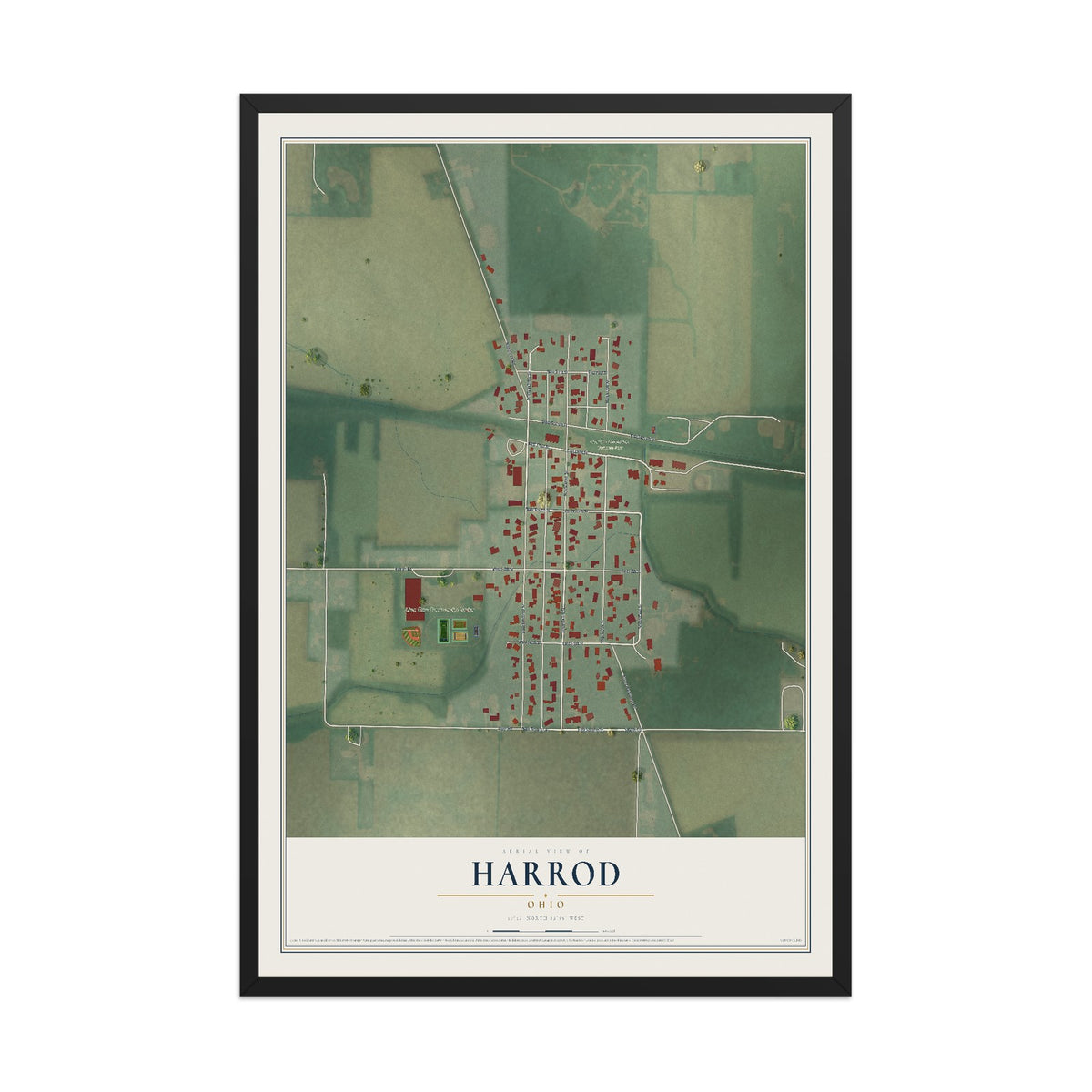 Map of Harrod, Ohio, 12 x 18 inch print in a black wood frame