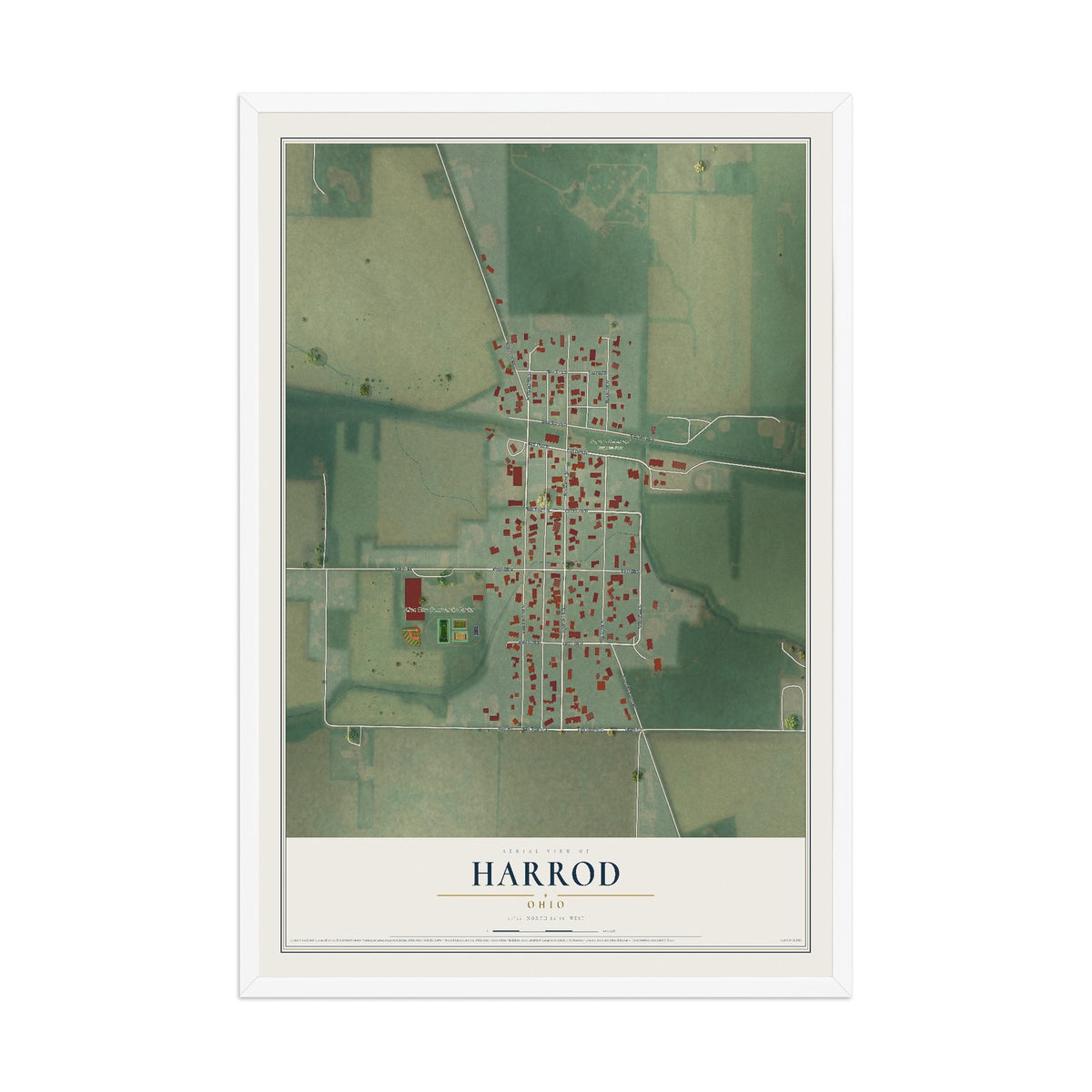 Map of Harrod, Ohio, 12 x 18 inch print in a white wood frame