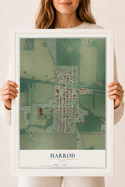 Map of Harrod, Ohio, 18 x 24 inch print in a white wood frame