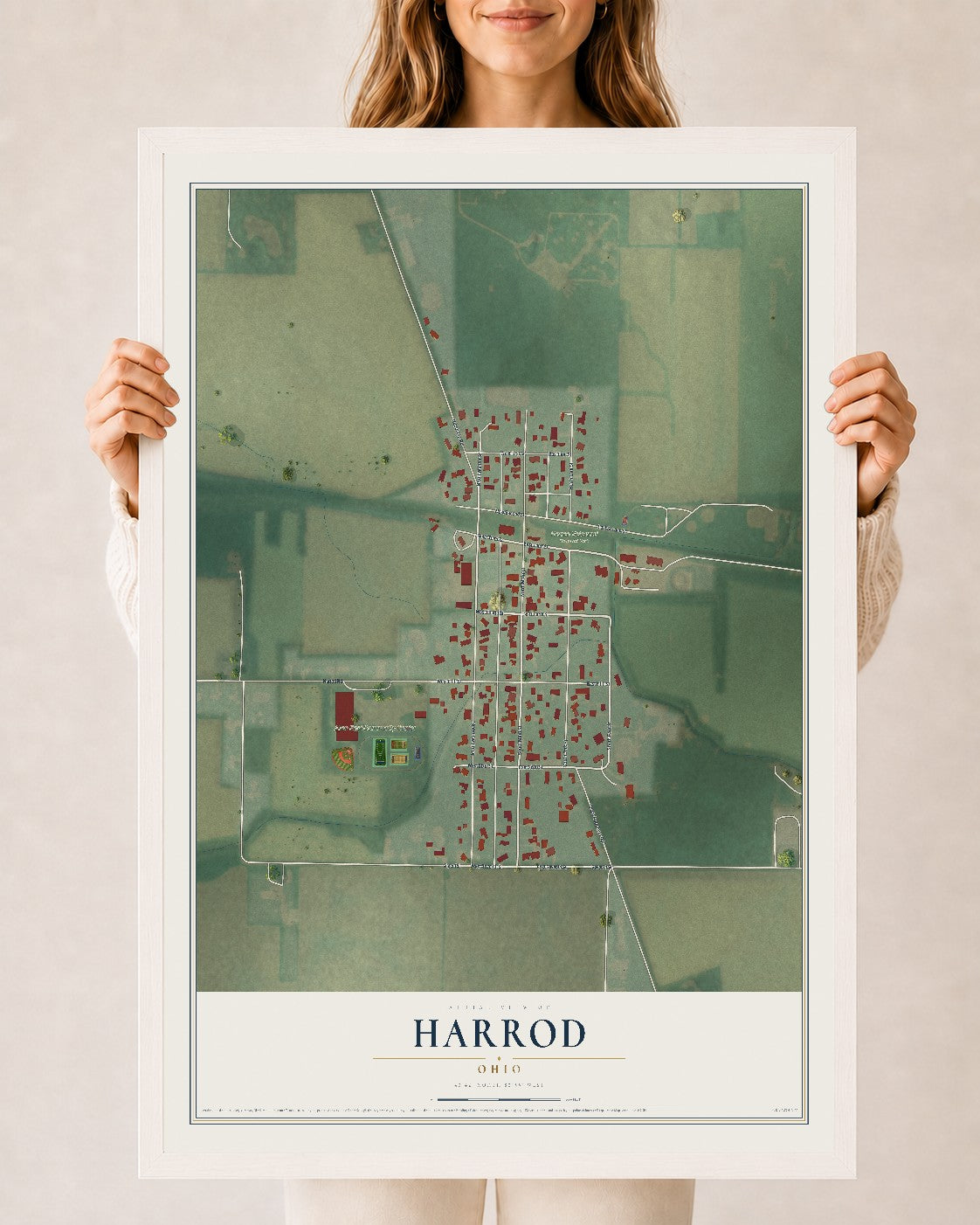 Map of Harrod, Ohio, 24 x 36 inch print in a white wood frame