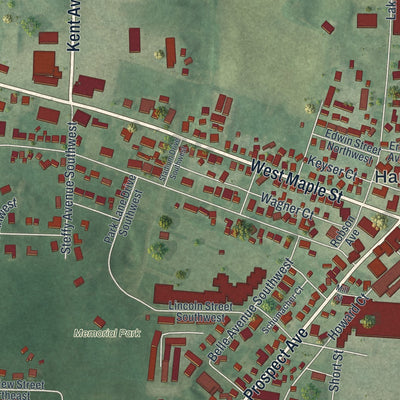 Close-up of the map of Hartville, Ohio print showing street and building detail