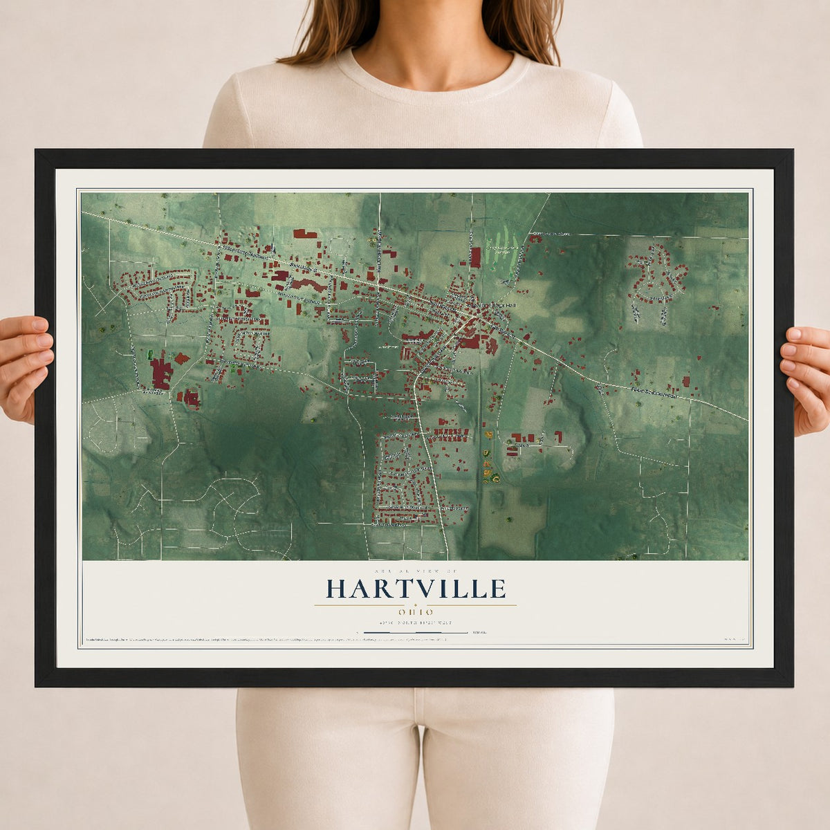 Map of Hartville, Ohio, 18 x 24 inch print in a black wood frame