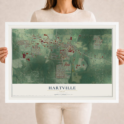 Map of Hartville, Ohio, 18 x 24 inch print in a white wood frame