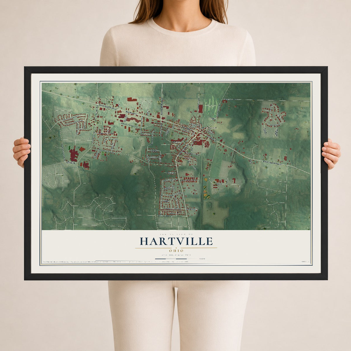 Map of Hartville, Ohio, 24 x 36 inch print in a black wood frame