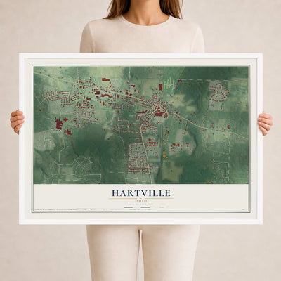 Map of Hartville, Ohio, 24 x 36 inch print in a white wood frame