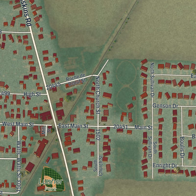 Close-up of the map of Haskins, Ohio print showing street and building detail