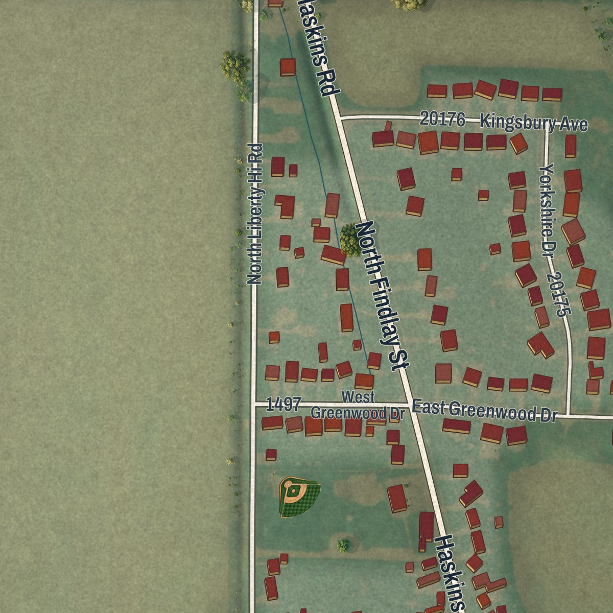 Second close-up of the map of Haskins, Ohio print showing more streets and buildings