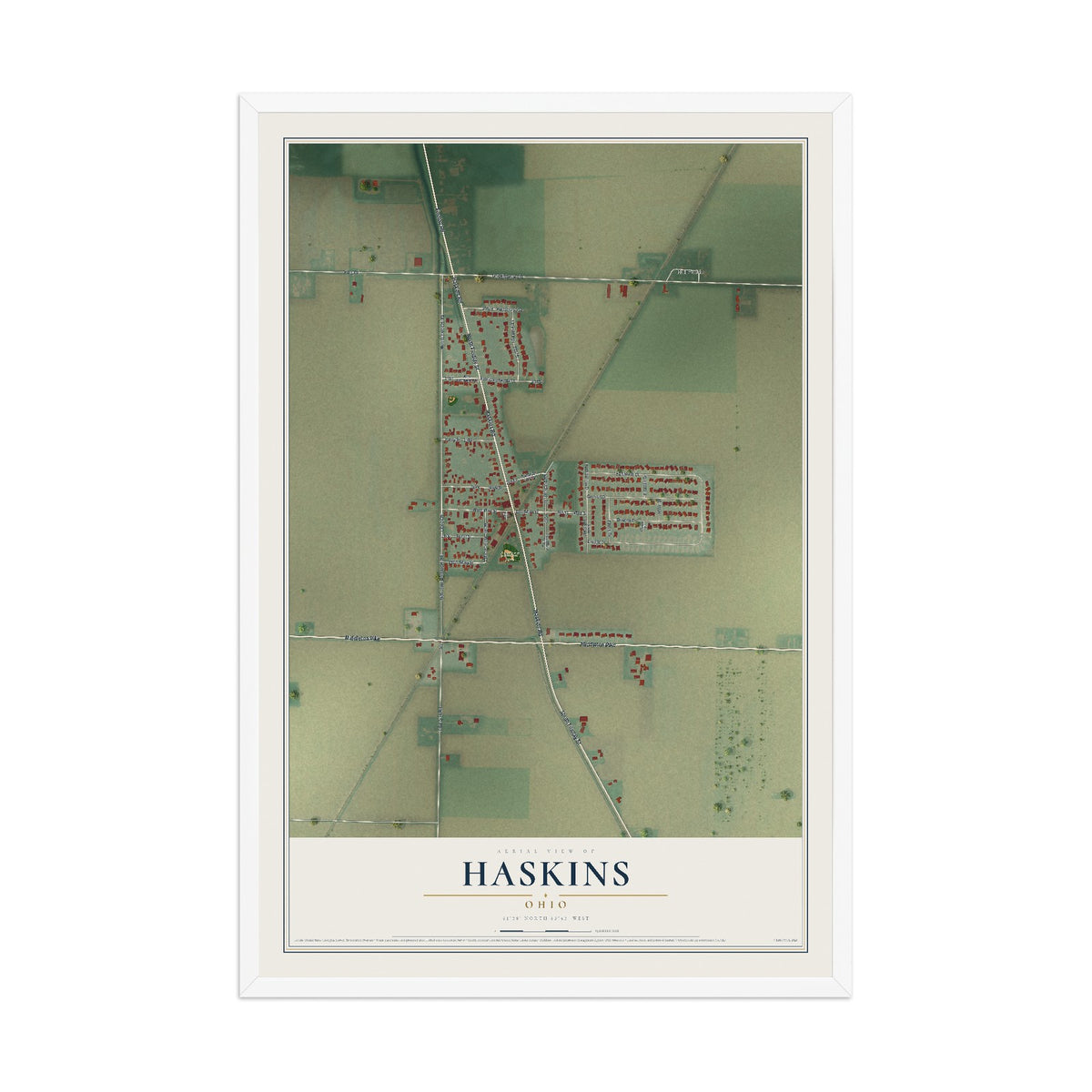 Map of Haskins, Ohio, 12 x 18 inch print in a white wood frame