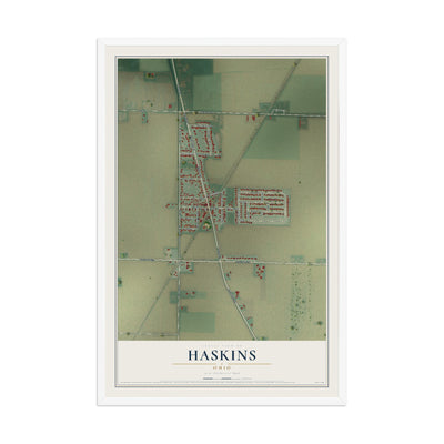 Map of Haskins, Ohio, 12 x 18 inch print in a white wood frame