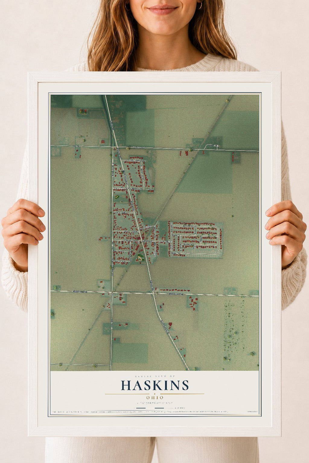 Map of Haskins, Ohio, 18 x 24 inch print in a white wood frame