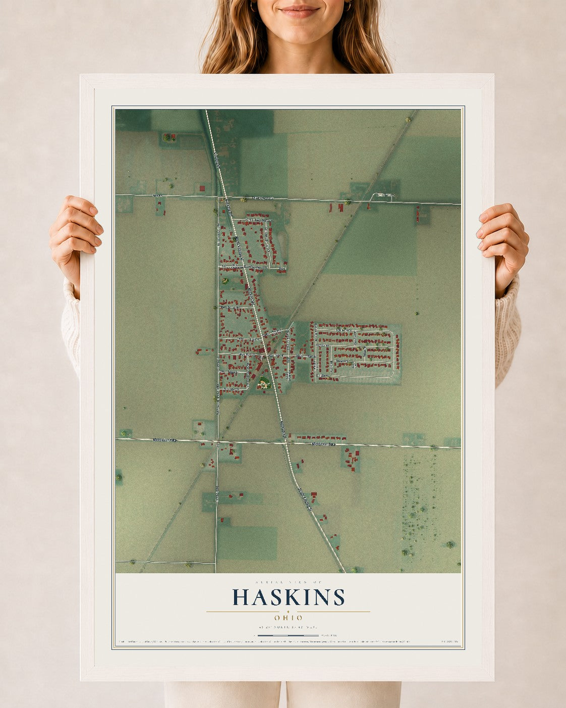 Map of Haskins, Ohio, 24 x 36 inch print in a white wood frame