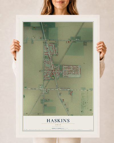 Map of Haskins, Ohio, 24 x 36 inch print in a white wood frame