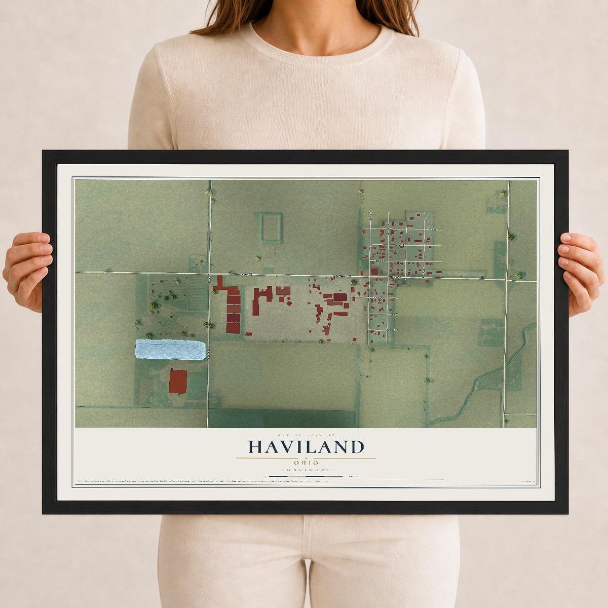 Map of Haviland, Ohio, 12 x 18 inch print in a black wood frame