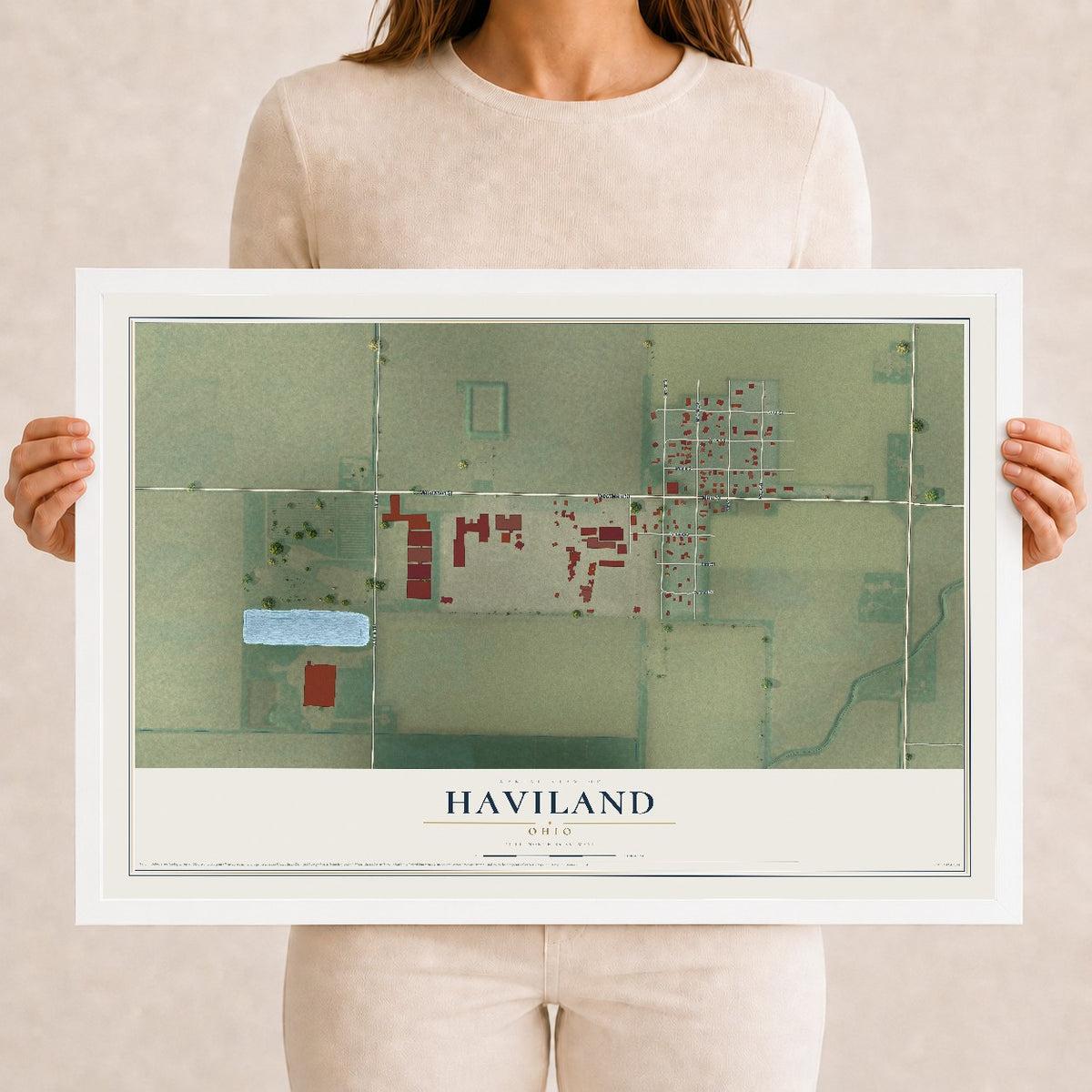 Map of Haviland, Ohio, 12 x 18 inch print in a white wood frame