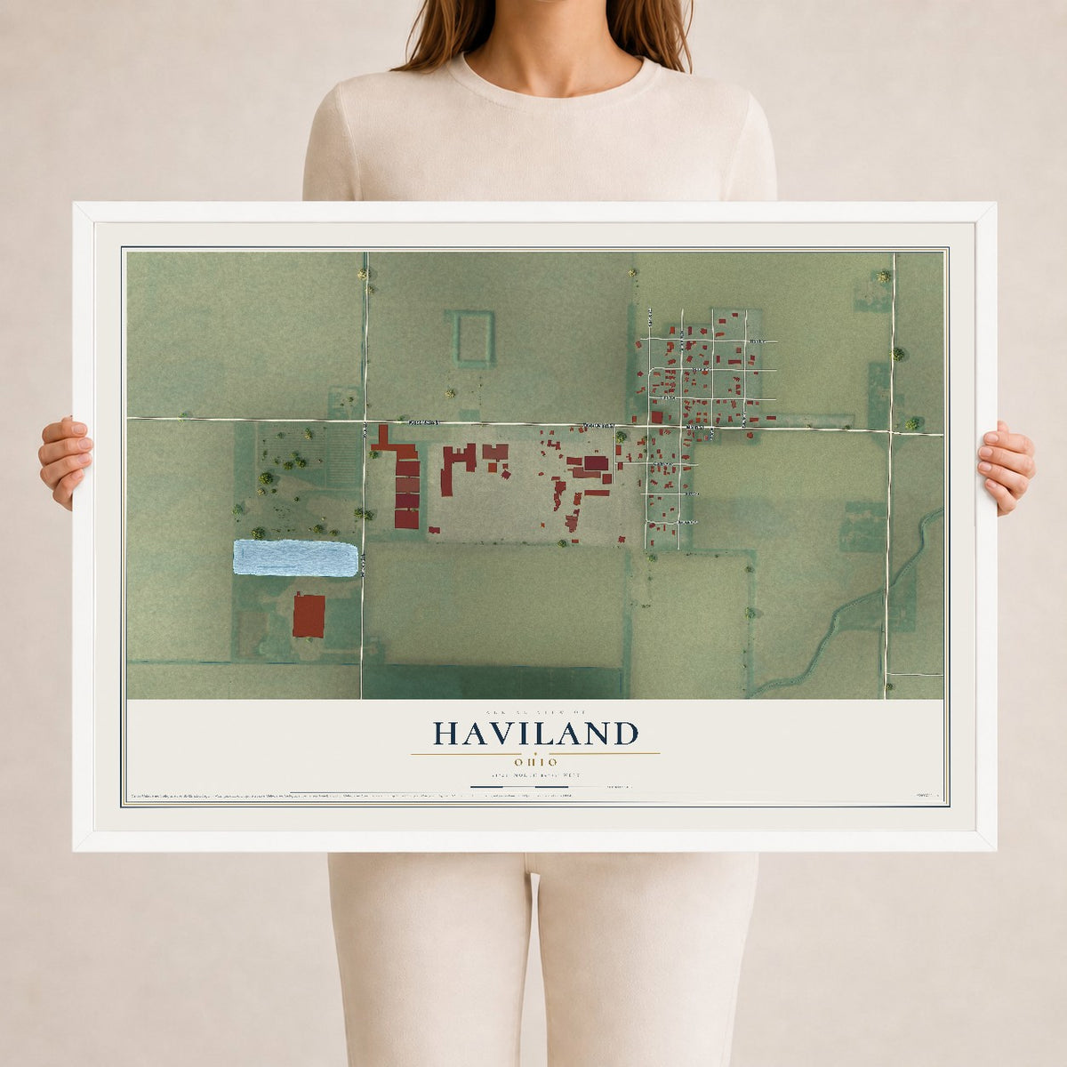 Map of Haviland, Ohio, 24 x 36 inch print in a white wood frame
