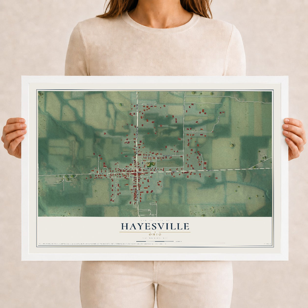 Map of Hayesville, Ohio, 12 x 18 inch print in a white wood frame