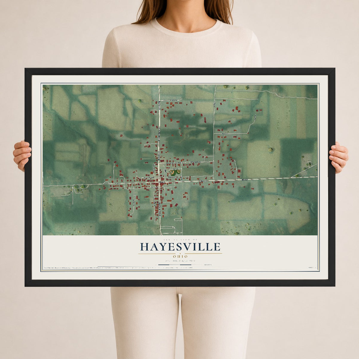 Map of Hayesville, Ohio, 24 x 36 inch print in a black wood frame