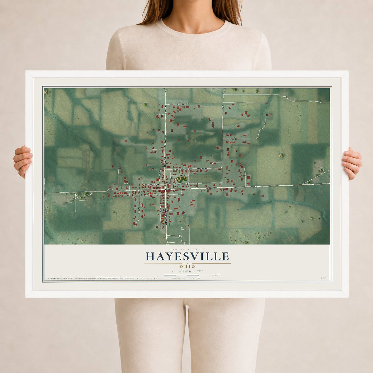 Map of Hayesville, Ohio, 24 x 36 inch print in a white wood frame