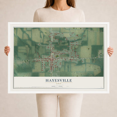 Map of Hayesville, Ohio, 24 x 36 inch print in a white wood frame