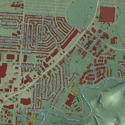 Close-up of the map of Heath, Ohio print showing street and building detail