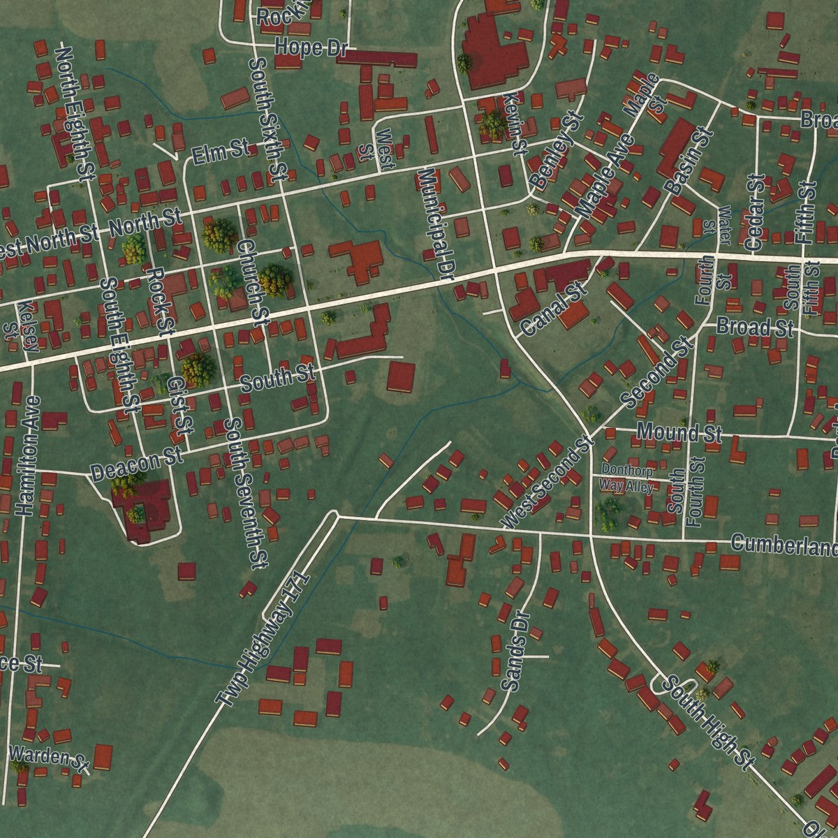Close-up of the map of Hebron, Ohio print showing street and building detail